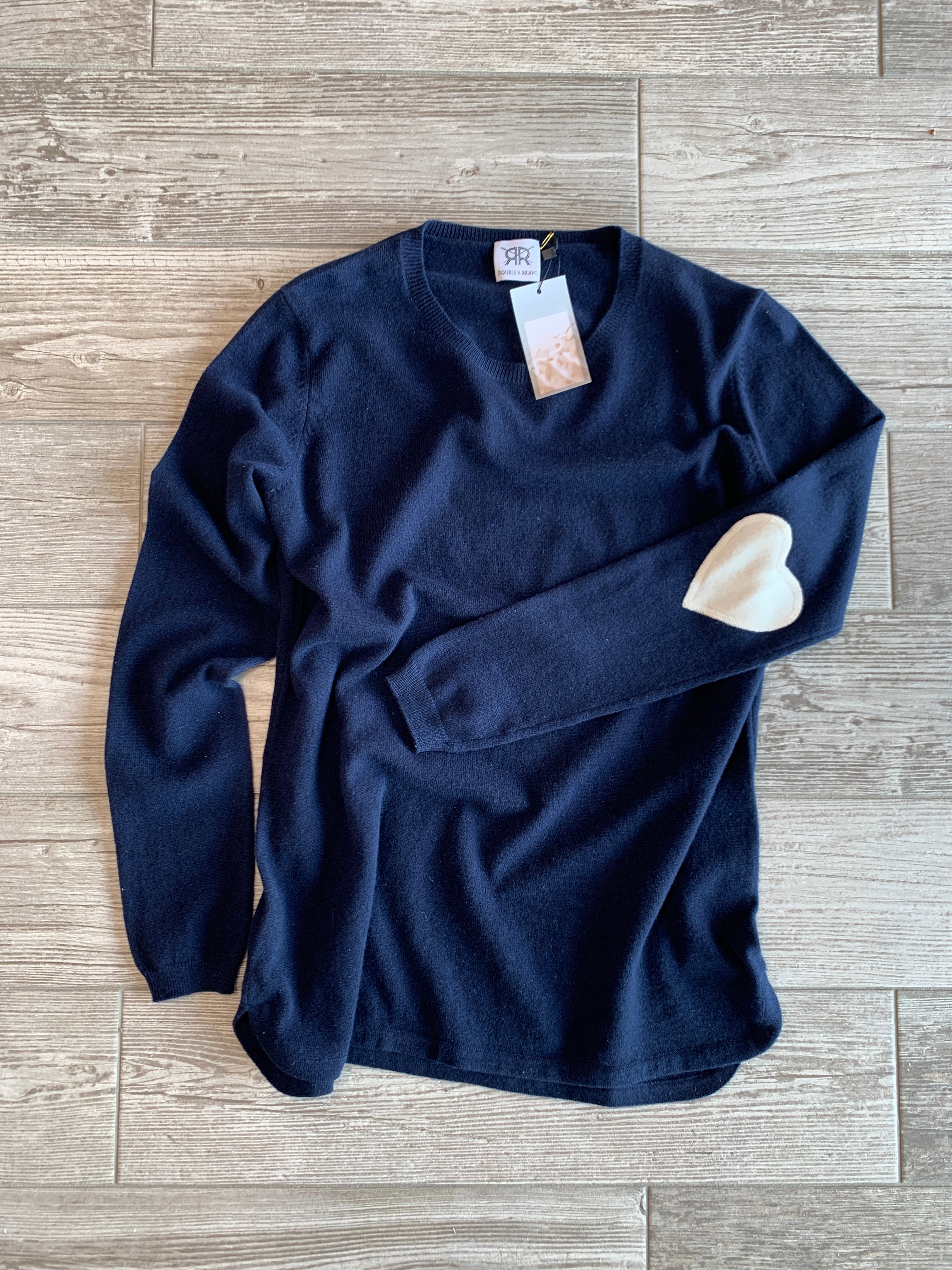 Scoop Hem Cashmere Sweater with Heart Elbow Patches - Navy/Ivory
